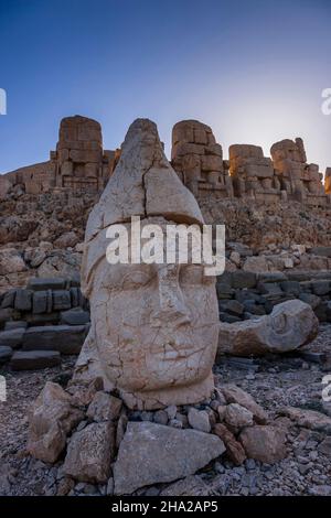 Mount Nemrut, Nemrut Dagi, head statue of king Antiochus I at east terrace, mausoleum of Commagene kingdom, Kahta, Adıyaman province, Turkey, Asia Stock Photo