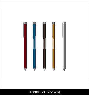 Set of Realistic Ball Pens Isolated on White Background. Mockup Stock Vector