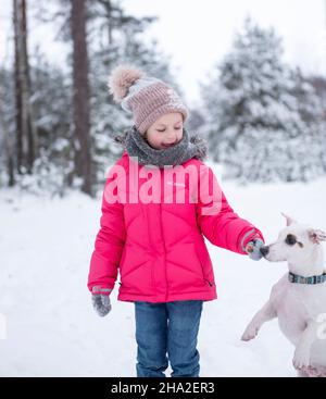 Little girl in a bright jacket plays in the winter snowy forest with her dog jack russell terrier Stock Photo