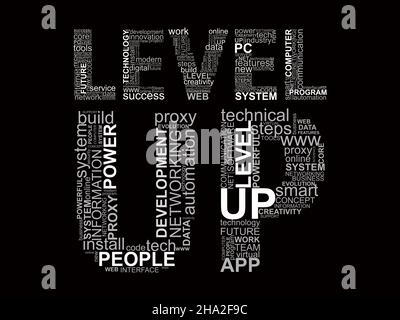 Words LEVEL UP with technology words inside. Concept with cloud words on black background. Stock Photo