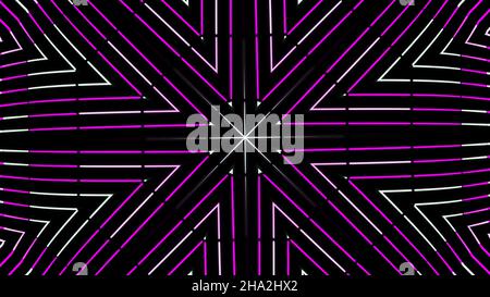 Geometric abstract kaleidoscope with moving neon rows of lines changing their color. Abstract kaleidoscope motion background Stock Photo