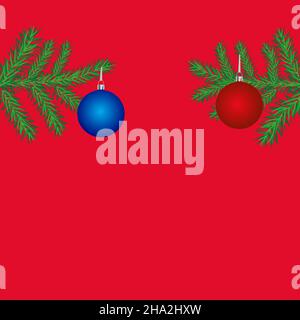 Red Christmas background with fir branches, red and blue balls. Illustration with clipping mask applied. Stock Vector
