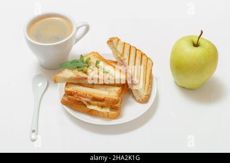 Homemade grilled cheese sandwich for breakfast with cup of coffee. Stock Photo