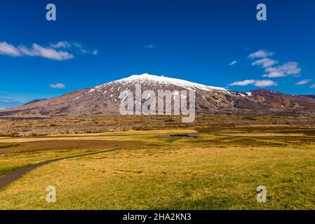 The Snaefellsjokull glacier from Londrangar Cliffs, Snaefellsnes Peninsula, West Iceland Stock Photo