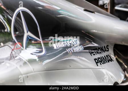 Badge details of Mercedes F1 W05 Hybrid was a highly successful Formula One racing car designed by Mercedes to compete in the 2014 Formula 1 Stock Photo