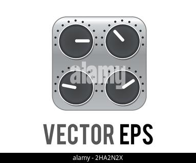 The isolated vector silver square audio mixing console icon with four black control knobs, button, white pointers and scale markings Stock Vector