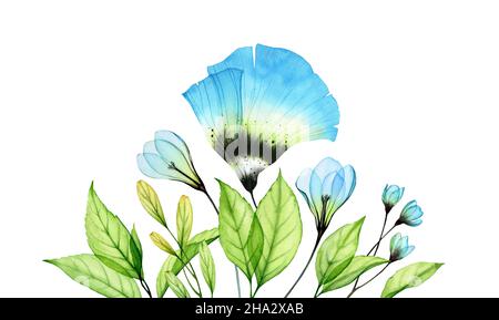 Watercolor composition with big anemone and snowdrops. Abstract floral border with blue transparent flowers and leaves. Hand painted illustration for Stock Photo