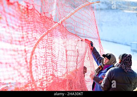 HOHHOT, CHINA - DECEMBER 10,2021 - Construction workers tie up safety nets at the Mazong mountain ski resort in Hohhot, North China's Inner Mongolia A Stock Photo