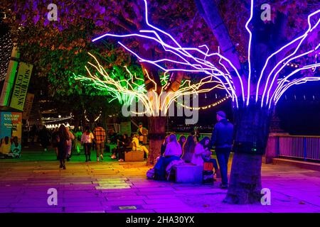 Neon trees by artist David Ogle, part of 'Winter Light at the Southbank Centre', Southbank, London, UK