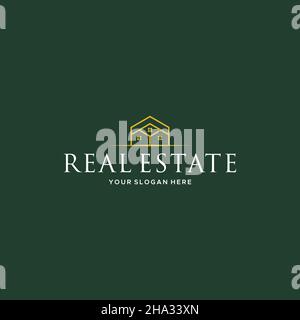 Flat line art REAL ESTATE building Logo design Stock Vector