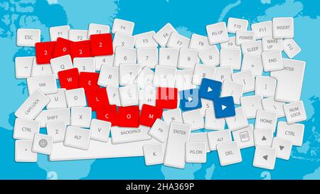 Realistic keys with inscription WELCOME 2022 of broken computer keyboard are sprinkled on table. Chaos and Uncertainty in future. Concept vector Stock Vector