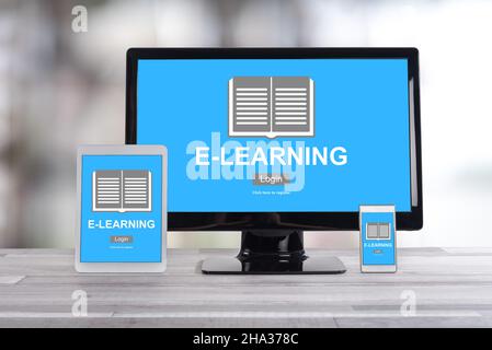 E-learning concept shown on different information technology devices Stock Photo