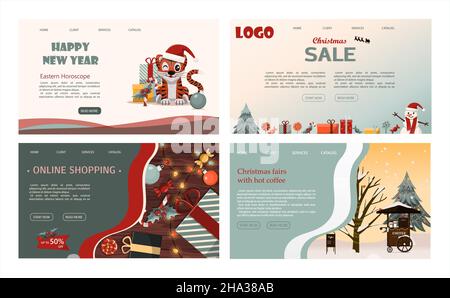 Web Christmas pages with Christmas tree, gifts, sweets, decorations, street carts carts with coffe and candies. Vector illustration. Cartoon cliparts Stock Vector