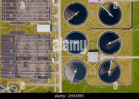 Sewage wastewater water purification treatment plant, aerial drone view