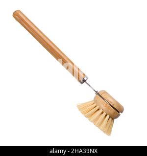 Cleaning brush with wooden handle isolated on white background. Stock Photo