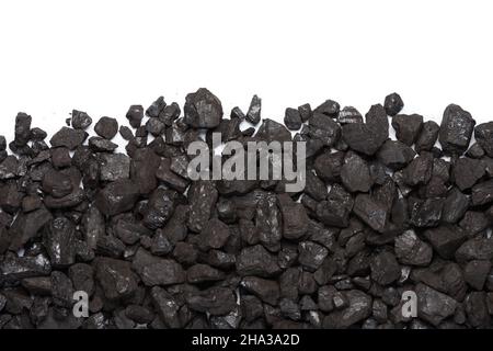 Coal border isolated on white background top view. Black stone coal frame. Stock Photo