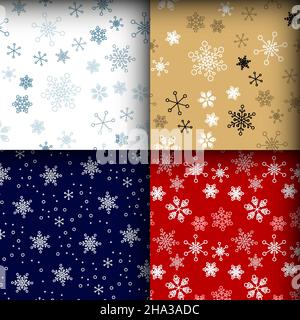 Winter - set of color christmas seamless pattern / texture with minimalist geometry snowflakes. Four Blue white yellow and red versions. Simple and mi Stock Vector