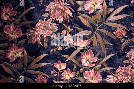 Background wallpaper texture of orange flowers on black background Stock Photo
