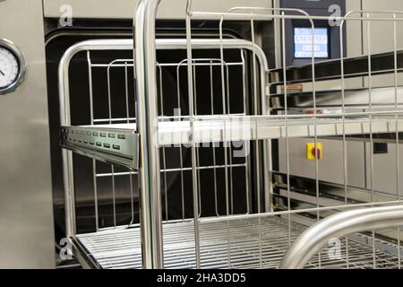 Closeup Image Of Steam Sterilizer Machine With Sterilization Trolley. Selective Focus Stock Photo