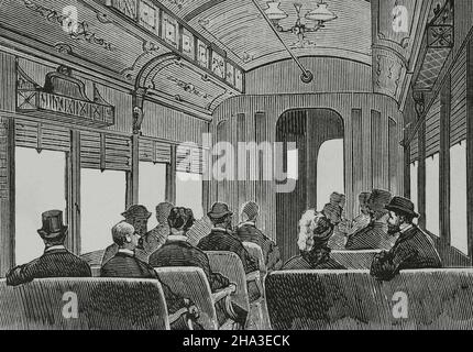 Spain, Catalonia. Valls-Vilanova-Barcelona Railway (VVB). Inauguration of the railway from Barcelona to Vilanova i la Geltrú on 29 December 1881. Interior of a first class train carriage. Engraving. La Ilustración Española y Americana, 1882. Stock Photo