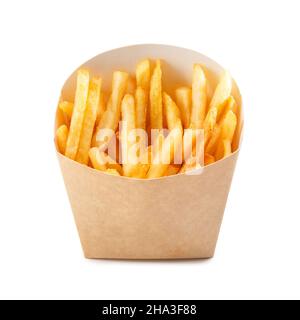 French fries in a brown kraft paper bag isolated on a white background Stock Photo