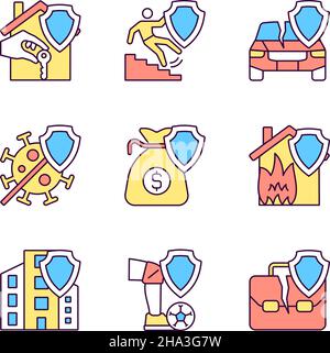 Accidents insurance policies RGB color icons set Stock Vector