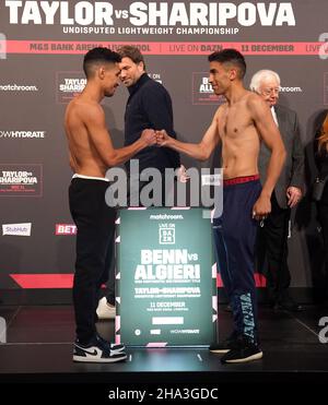 Jordan Gill (left) and Alan Isaias Luques Castillo during a weigh in at The Black-E, Liverpool. Picture date: Friday December 10, 2021. Stock Photo