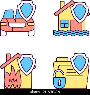 Insurance protection policy RGB color icons set Stock Vector