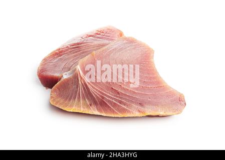 Raw tuna steak. Raw fish meat isolated on white background. Stock Photo