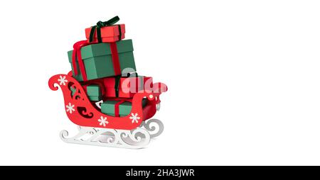 Christmas red sleigh with gifts isolated on white background. Copy space. Happy new year. Winter concept. Greeting card. Stock Photo