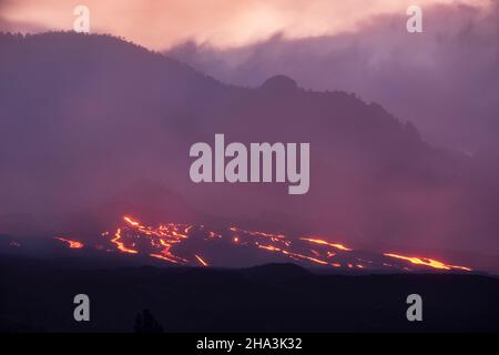 Cumbre Vieja volcano is one of the most active in the Canaries. The elongated volcano dates back to about 125,000 years ago and is oriented N-S. Erupt Stock Photo