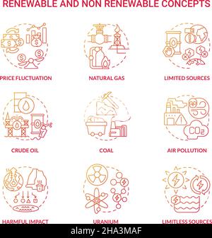 Renewable and non renewable energy red gradient icons set Stock Vector