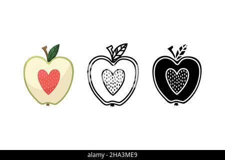 Vector illustration of an apple with a heart instead of a core for Valentine's Day. Outline, flat and simple style Stock Vector