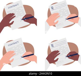 Singing contract flat color vector illustration set Stock Vector