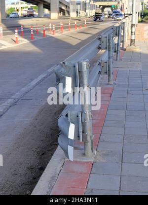 Perspective view of Barrier, Highway guarding rail for prevent the exit of the vehicle from the curb or bridge, Barrier of road, dividing strip. Stock Photo