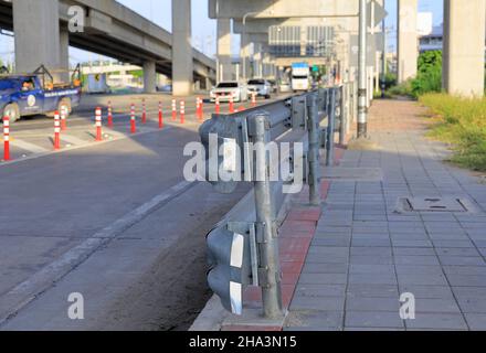 Perspective view of Barrier, Highway guarding rail for prevent the exit of the vehicle from the curb or bridge, Barrier of road, dividing strip. Stock Photo