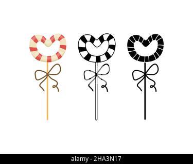 Vector set of illustrations of a heart-shaped lollipop for Valentine's Day. Outline, flat and simple style Stock Vector