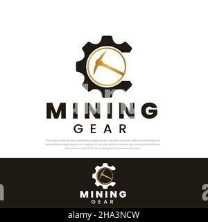 Mining Logo Design golden ax gears.design templates,symbols,icons,illustrations Stock Vector