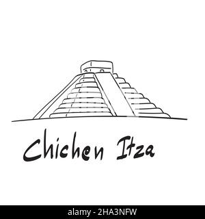 El Castillo of Chichen Itza mayan pyramid in Yucatan illustration vector hand drawn isolated on white background line art. Stock Vector