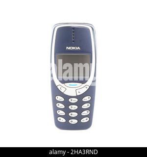 Old mobile phone Nokia 3310 on a white background. Isolated. Stock Photo