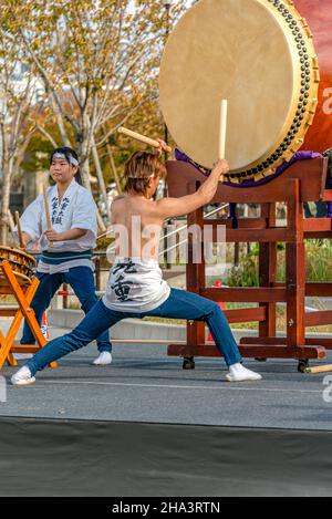 Traditional taiko drummers during a competition in Tokyo, Japan Stock Photo