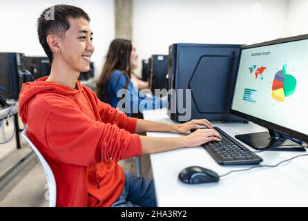 Young multiracial students taking exams in high school - Education and technology concept Stock Photo