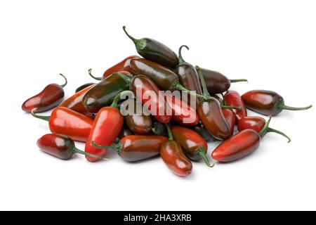 Heap of fresh hot red and green, ripe and unripe Jalapeno peppers close up Stock Photo