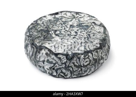 Single French goat cheese with black mold isolated on white background Stock Photo