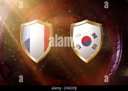 france and south korea flag in golden shield on copper texture background.3d illustration Stock Photo