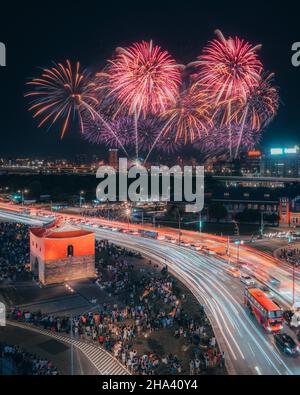 Beautiful scene of colorful fireworks in the night sky on the city of Taipei city at night Stock Photo