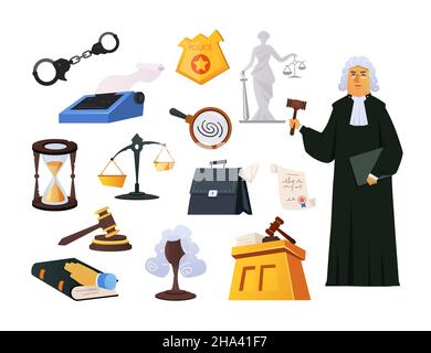 Law and order - modern flat design style object set. Neat detailed image of subjects related to judiciary. Handcuffs, judge, wig, police badge, finger Stock Vector