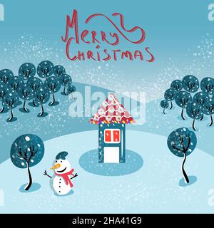 snowman mountain forest christmas new year card Stock Vector