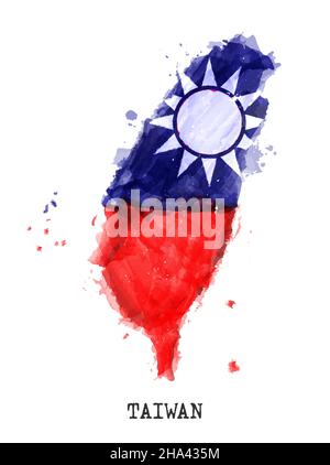 Taiwan islands flag and map watercolor painting design . Realistic drawing country shape . White isolated background . Vector . Stock Vector