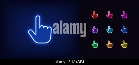 Outline neon finger cursor icon. Glowing neon cursor sign, hand pointer pictogram in vivid colors. Click link, tap here, computer hand cursor, web fin Stock Vector